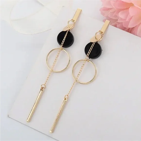 Gold Filled Black Circle Dangle Bar Earrings - Picture 1 of 1